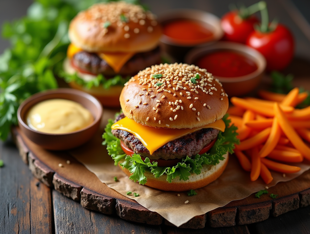 cheeseburger showcasing perfectly melted cheese over juicy beef patty, layered with crisp lettuce, tomato, and brioche bun