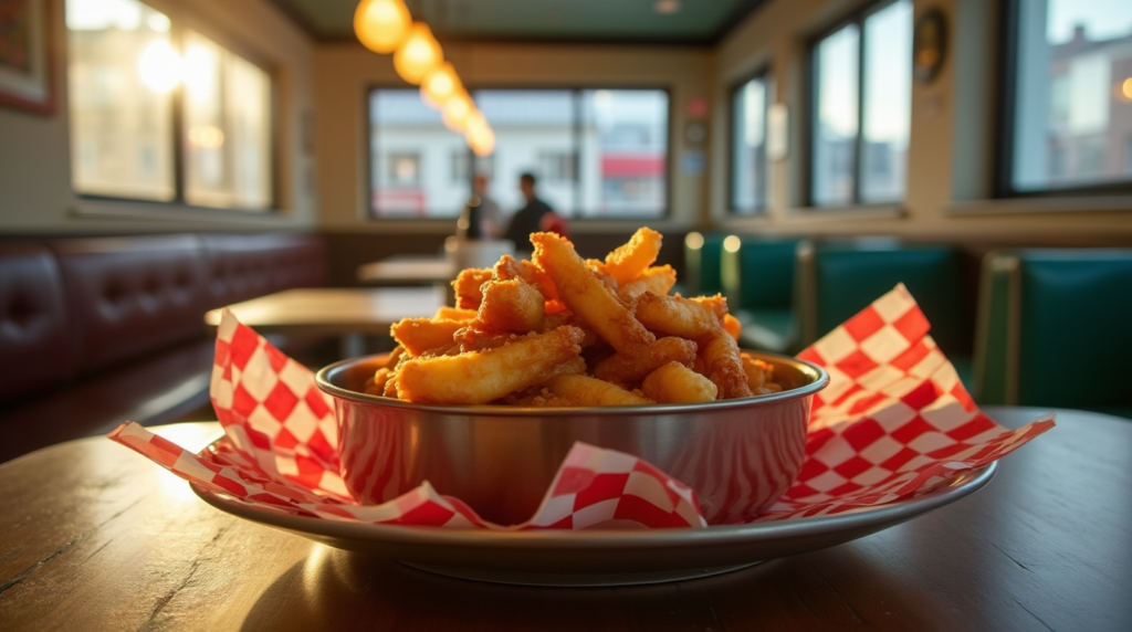 Poutine recipe featuring golden-brown french fries topped with fresh white cheese curds and steaming brown gravy, served piping hot