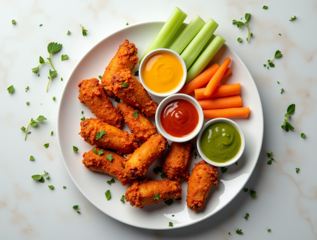 Crispy Buffalo Wings glistening with classic hot sauce, showing extra-crispy skin, served with celery, carrots, and creamy blue cheese dip